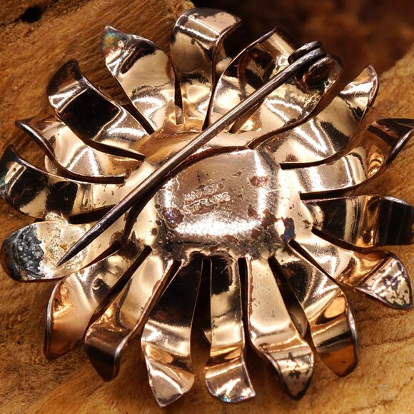 1940s Vintage Napier Sterling Flower Brooch Gold Vermeil Brutalist Style - Picture 4 of 8